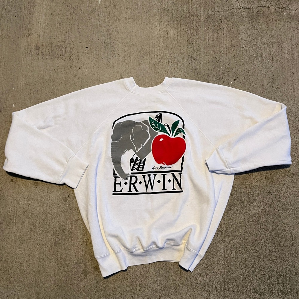 Vintage ERWIN Elephant Apple Graphic Sweatshirt White Mens 80s 90s USA Made